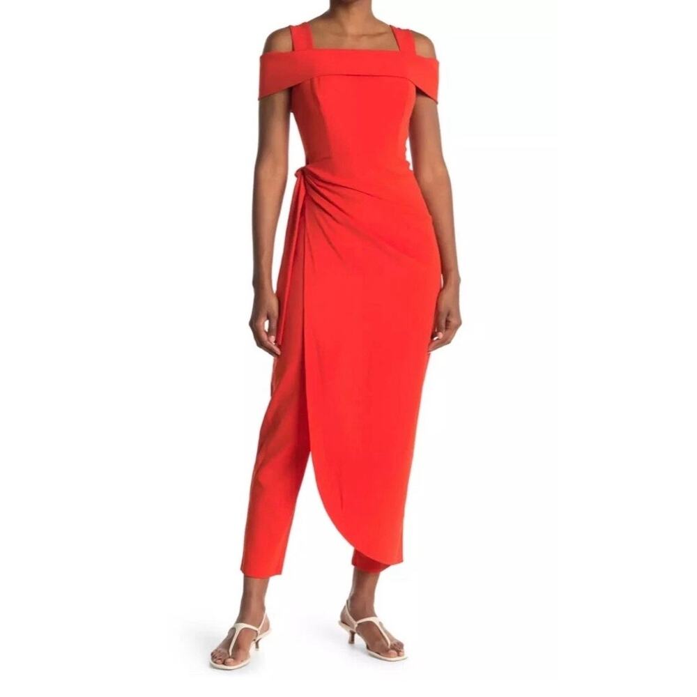 Marina Cold Shoulder Faux Sarong Waist Tie Overlay Jumpsuit Red Size 4